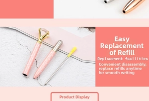 Exploded view of pink polka dot diamond pen showing replaceable silver ink refill component