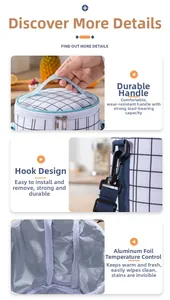 Detail view of thickened aluminum foil lining and detachable hook on plaid lunch bag