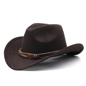 Classic dark brown western cowboy hat with colorful woven band and metallic feather charm
