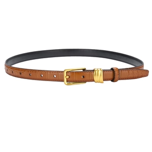 Brown crocodile embossed leather belt with gold buckle for women jeans and blazers