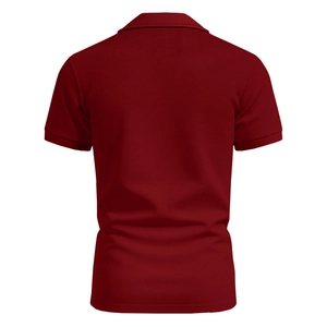 Detail view of the back of a dark red polo shirt showing breathable pique cotton texture