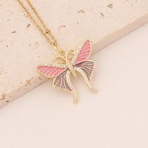 Elegant gold butterfly necklace with zircon stones and colorful enamel on stone base