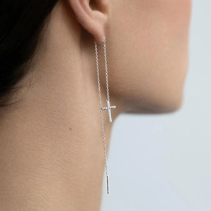 925 Sterling Silver Cross Ear Threader Earrings Micro Pave Zirconia Long Dangle Thread Earrings Minimalist Jewelry For Women