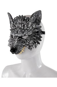 Detailed view of silver wolf mask with realistic texture and elastic head strap