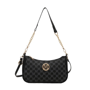 Women's black monogram underarm bag with golden M logo and chain strap detail