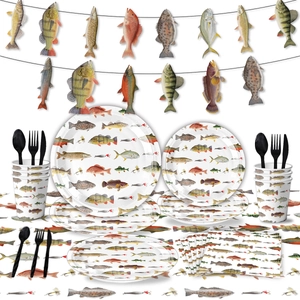 Fishing theme party supplies set with fish plates cups napkins and decorative banner