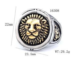 Detailed close-up of a two-tone lion head ring with vintage gold and silver finishes