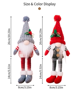 Detailed size display of two knitted Christmas gnomes with long legs and holly decorations