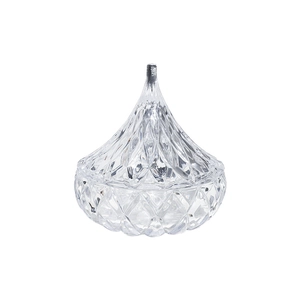 Transparent diamond-cut glass candy jar with teardrop lid and silver top handle