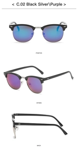 Detailansicht der Clubmaster-Sonnenbrille mit schwarz-silbernem Rahmen und lila Gläsern