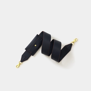 Dark blue grainy leather wide shoulder strap with elegant gold swivel metal buckles