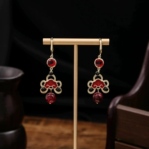 Traditional Chinese style drop earrings with red cloud motifs and beaded pearl accents