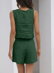 Rear view of forest green two-piece linen set featuring sleeveless top and shorts