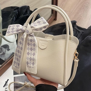 Women Bucket Bag Lychee Pattern PU Leather Handbag Satin Scarf Decoration Detachable Shoulder Strap Trendy Elegant