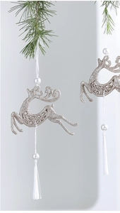 Champagne gold reindeer ornaments with glitter finish, white pearls and silk tassels