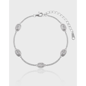 925 Sterling Silver Geometric Oval Rhinestone Bracelet For Women Retro French Elegant Adjustable Chain High Quality Jewelry