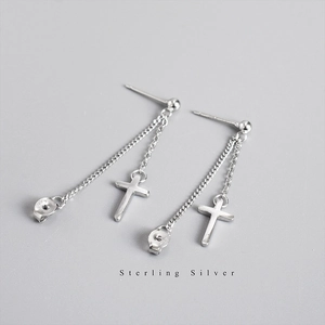 Minimalist S925 sterling silver cross pendant ear stud with chain for women
