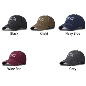 Washed vintage baseball cap with Can I Pet That Dog embroidery in five assorted colors