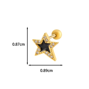 Detail showing gold plated star ear stud with black center and crystals, size 0.87cm x 0.89cm