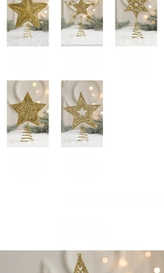 Detailed view of various gold glittered iron star tree toppers with spiral metal supports