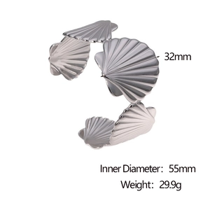 Detail showing scallop shell design and dimensions of the silver stainless steel bangle