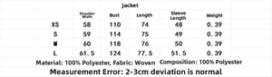 Detailed size chart for polyester kimono jacket and pants set with measurements in cm