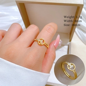 Gold Plated Brass Ring Round Circle T Letter Inlaid Zircon Open Adjustable Minimalist Jewelry For Women