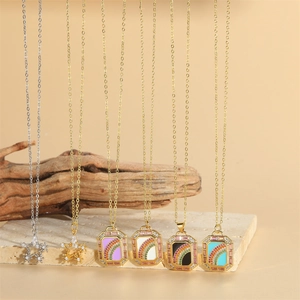 Rainbow Rectangle Pendant Necklace Copper With Colorful Zircon Enamel Retro Light Luxury Jewelry For Women
