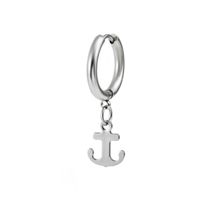 Close-up of silver punk hoop earring featuring a nautical anchor pendant for men