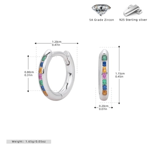 Detailed size measurement of S925 sterling silver hoop earrings with colored zircons