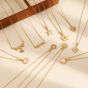 Elegant gold stainless steel necklaces with zircon and white shell pendants in diverse shapes