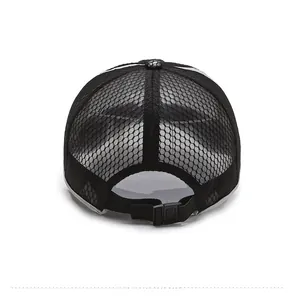 Rear view of black breathable mesh baseball cap showing adjustable strap and mesh panels