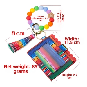 Rainbow silicone beaded wristlet with leather ID card holder and colorful tassel detail
