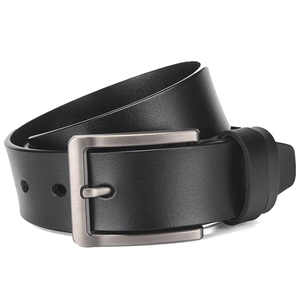 Genuine leather vintage belt for men with matte gray rectangular metal buckle