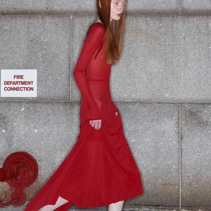 Elegant backless red mesh maxi dress with long sleeves and flowing sheer fabric for women