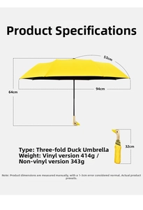 Detailed dimensions of yellow duck head umbrella with creative wooden handle