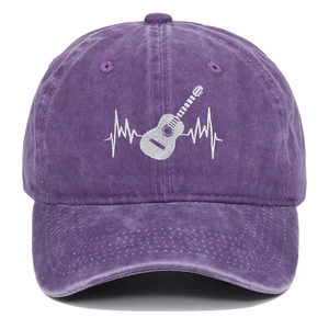 Purple washed cotton baseball cap with white embroidered guitar heartbeat pattern