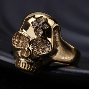 Hip hop gold stainless steel skull ring with white cubic zirconia accents for men