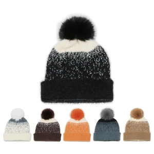 Detailed grid of faux mink jacquard knit hats with pompoms in six various colors