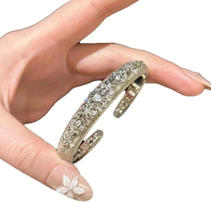 Vintage French silver open bangle with zircon hollow floral patterns and luxury carving