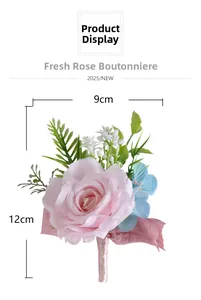 Detail of pink rose groom corsage with blue accents and green leaves, size 9x12cm