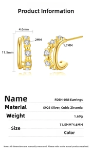 Detailed S925 sterling silver C-shaped hoop earrings with dimensions and zirconia stone info