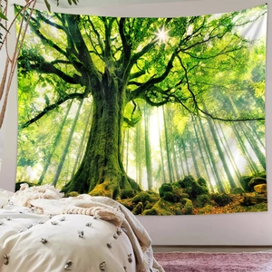 Detail of lush green forest wall tapestry showing sunlit trees and fabric texture
