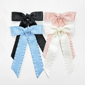 Ruffled Satin Bow Hair Clip Elegant Long Streamer Duckbill Clip Vintage Hair Accessories For Women Girls
