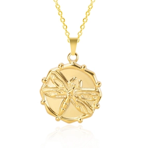 Macro shot of gold stainless steel dragonfly engraved disc pendant on elegant necklace