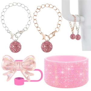 Pink rhinestone jewelry set with crystal ball charm bracelets and bow accessories