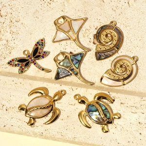 French style titanium steel sea turtle and dragonfly pendants with shell inlays