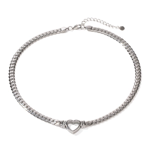 Silver stainless steel flat Cuban chain necklace featuring a hollow heart pendant