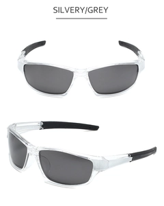 Close-up of polarized sports sunglasses featuring silvery lenses and transparent grey frames