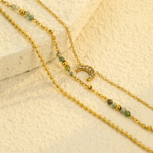 Layered gold stainless steel bracelet set with green stone beads and moon pendant